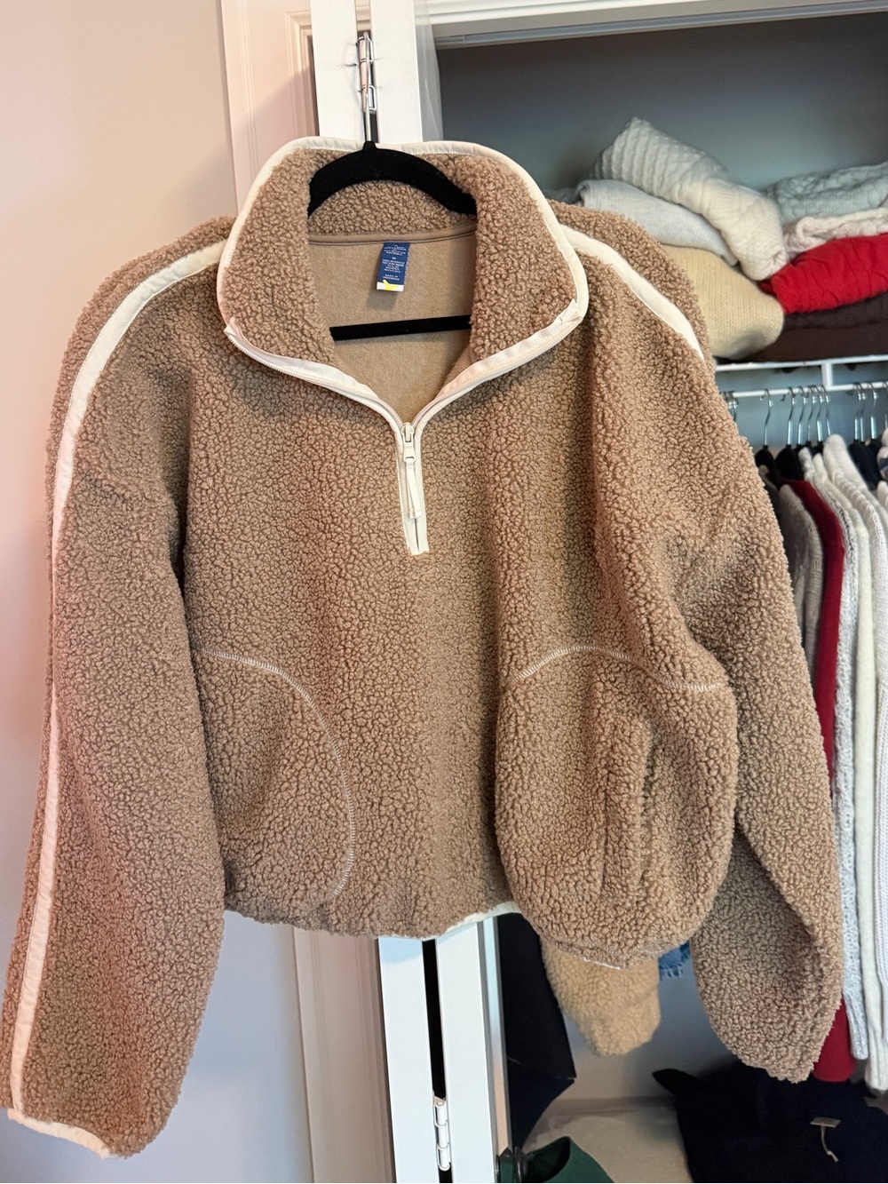 Old Navy Tan Teddy Sherpa Quarter-Zip Jacket with Cream Trim